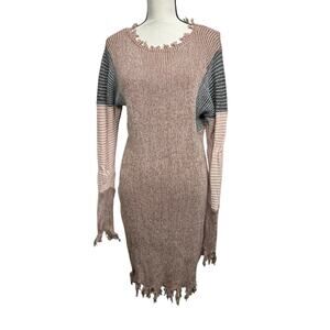 Cato Distressed Colorblock Sweater Dress Size Large Ribbed Knit Fringe Hem
